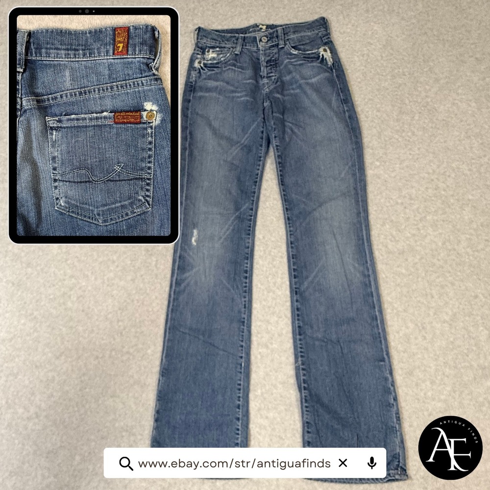 VINTAGE Y2K 7 For All Mankind Boy-Cut Distressed Blue Jeans Women's Size 24